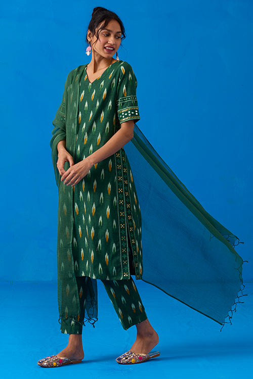 Okhai "Prairies" Hand-Embroidered Mirrorwork Pure Cotton Ikkat Kurta Pant Set with Dupatta