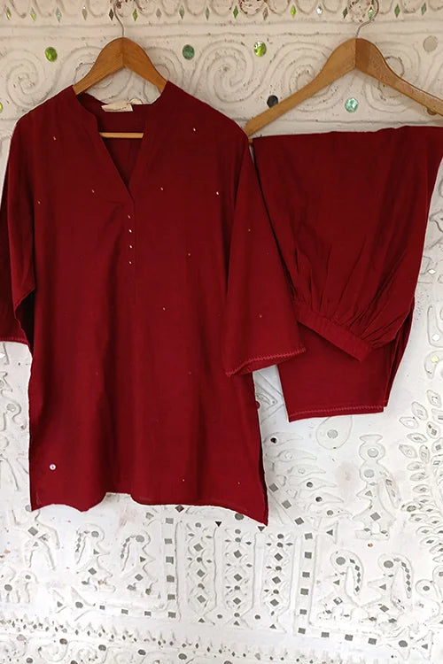 Okhai "Ishqiya" Hand-Embroidery and Mirror Work Maroon Pure Cotton Kurta Salwar Set| Rescue