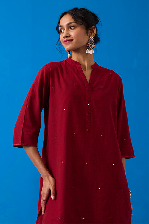 Okhai "Ishqiya" Hand-Embroidery and Mirror Work Maroon Pure Cotton Kurta Salwar Set| Rescue