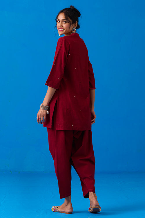 Okhai "Ishqiya" Hand-Embroidery and Mirror Work Maroon Pure Cotton Kurta Salwar Set| Rescue