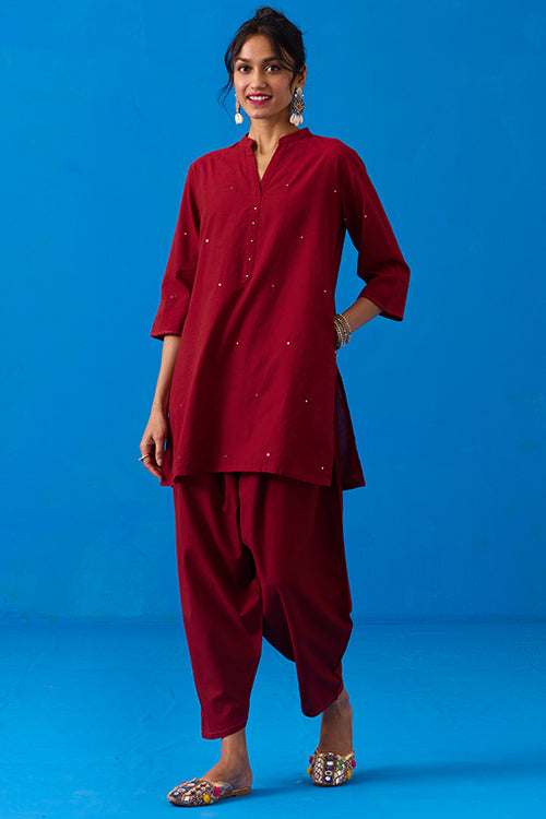 Okhai "Ishqiya" Hand-Embroidery and Mirror Work Maroon Pure Cotton Kurta Salwar Set| Rescue