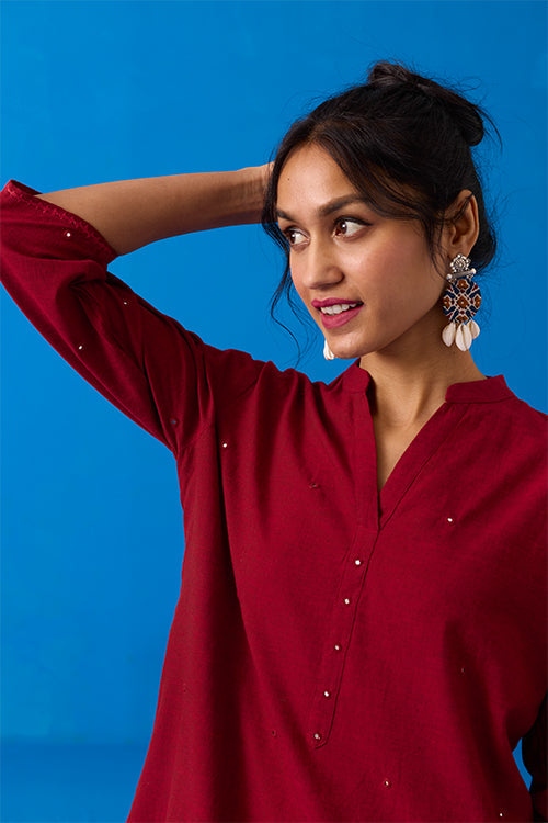 Okhai "Ishqiya" Hand-Embroidery and Mirror Work Maroon Pure Cotton Kurta Salwar Set| Rescue