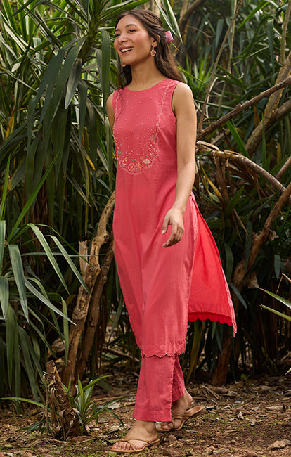 Okhai "Rosewood" Hand-Embroidered and Beadwork Pure Cotton Pink Kurta Pant Set