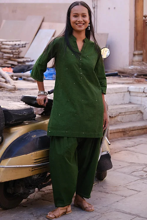 Okhai "Hariyali" Hand-Embroidered and Mirrorwork Green Pure Cotton Kurta Salwar Set