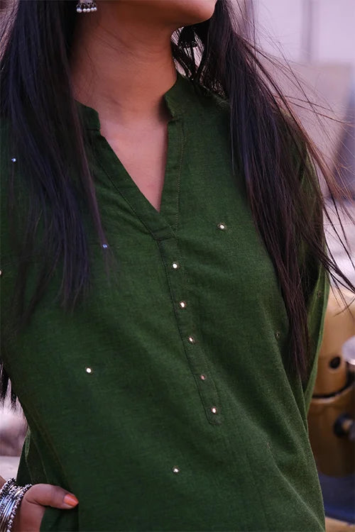 Okhai "Hariyali" Hand-Embroidered and Mirrorwork Green Pure Cotton Kurta Salwar Set