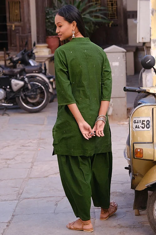 Okhai "Hariyali" Hand-Embroidered and Mirrorwork Green Pure Cotton Kurta Salwar Set