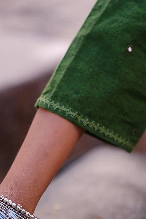 Okhai "Hariyali" Hand-Embroidered and Mirrorwork Green Pure Cotton Kurta Salwar Set