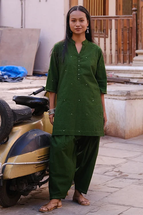 Okhai "Hariyali" Hand-Embroidered and Mirrorwork Green Pure Cotton Kurta Salwar Set