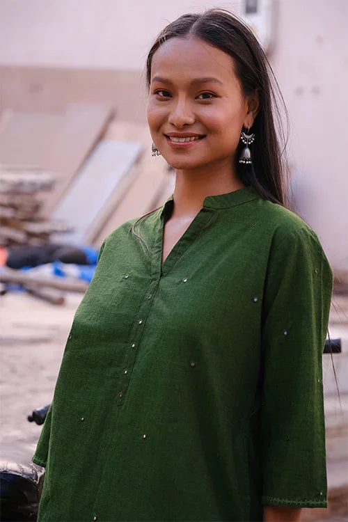 Okhai "Hariyali" Hand-Embroidered and Mirrorwork Green Pure Cotton Kurta Salwar Set