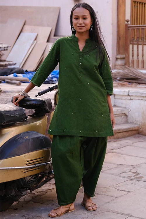 Okhai "Hariyali" Hand-Embroidered and Mirrorwork Green Pure Cotton Kurta Salwar Set