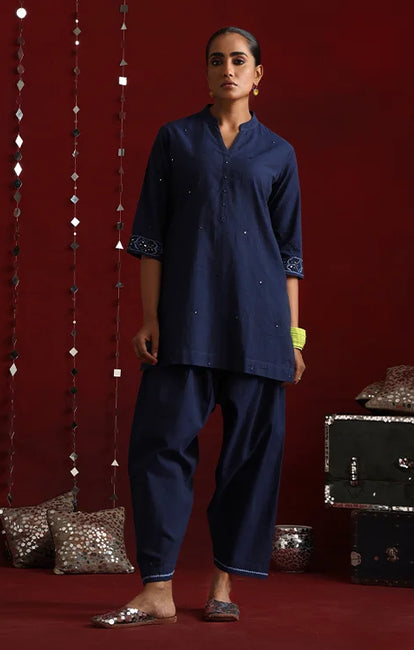 Okhai "Mahal" Hand-Embroidered Navy Blue Pure Cotton Kurta Salwar Set