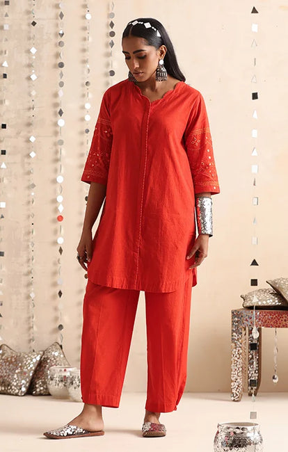 Okhai "Mirror Song" Hand-Embroidered Orange Pure Cotton Kurta Pant Set