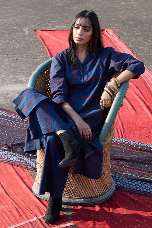 Okhai "Indigo Hush" Cotton Ajrakh Kurta Pant Set