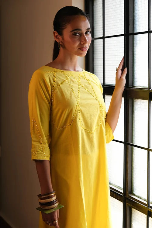Okhai "Sunline" Hand-Embroidered Mirrorwork Pure Cotton Kurta Pant Set
