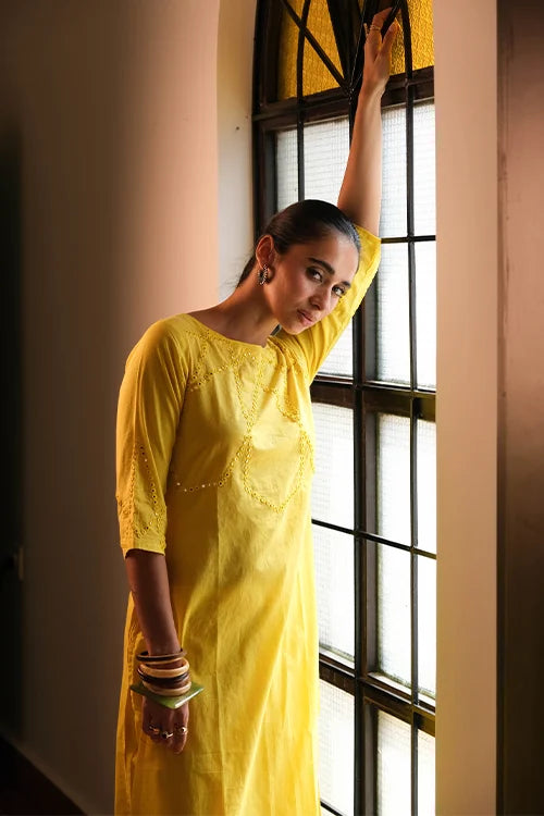 Okhai "Sunline" Hand-Embroidered Mirrorwork Pure Cotton Kurta Pant Set