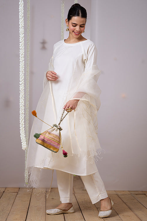 Gold Leaf Khaat Bharat & Mukaish Work Kurta Pant Set Online