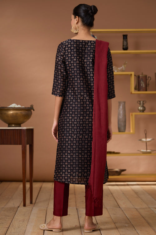 Okhai "Ruby Armour" Hand Embroidered Beadwork Handblock Printed Chanderi Silk Ajrakh Kurta Pant Set with Dupatta