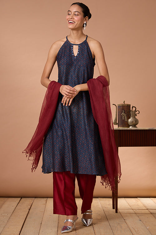 Okhai "Opal Ballad" Hand Embroidered MIrrorwork Handblock Printed Chanderi Silk Ajrakh Kurta Pant Set with Dupatta