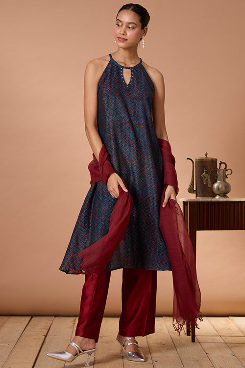 Okhai "Opal Ballad" Hand Embroidered MIrrorwork Handblock Printed Chanderi Silk Ajrakh Kurta Pant Set with Dupatta