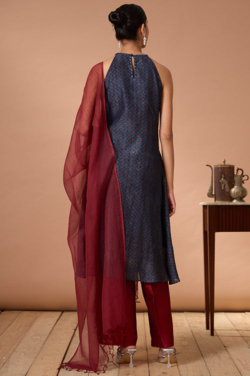 Okhai "Opal Ballad" Hand Embroidered MIrrorwork Handblock Printed Chanderi Silk Ajrakh Kurta Pant Set with Dupatta
