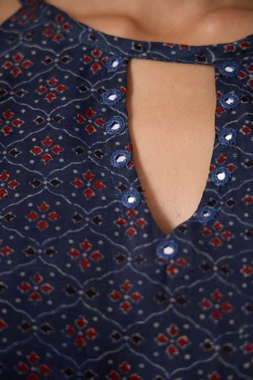 Okhai "Opal Ballad" Hand Embroidered MIrrorwork Handblock Printed Chanderi Silk Ajrakh Kurta Pant Set with Dupatta