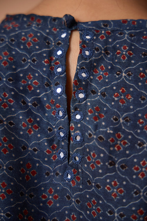 Okhai "Opal Ballad" Hand Embroidered MIrrorwork Handblock Printed Chanderi Silk Ajrakh Kurta Pant Set with Dupatta