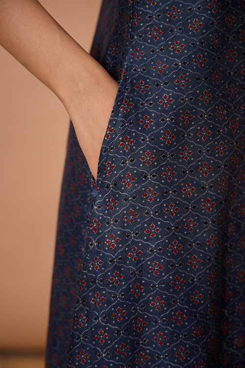 Okhai "Opal Ballad" Hand Embroidered MIrrorwork Handblock Printed Chanderi Silk Ajrakh Kurta Pant Set with Dupatta