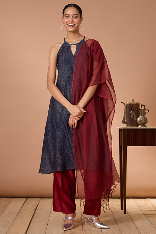 Okhai "Opal Ballad" Hand Embroidered MIrrorwork Handblock Printed Chanderi Silk Ajrakh Kurta Pant Set with Dupatta