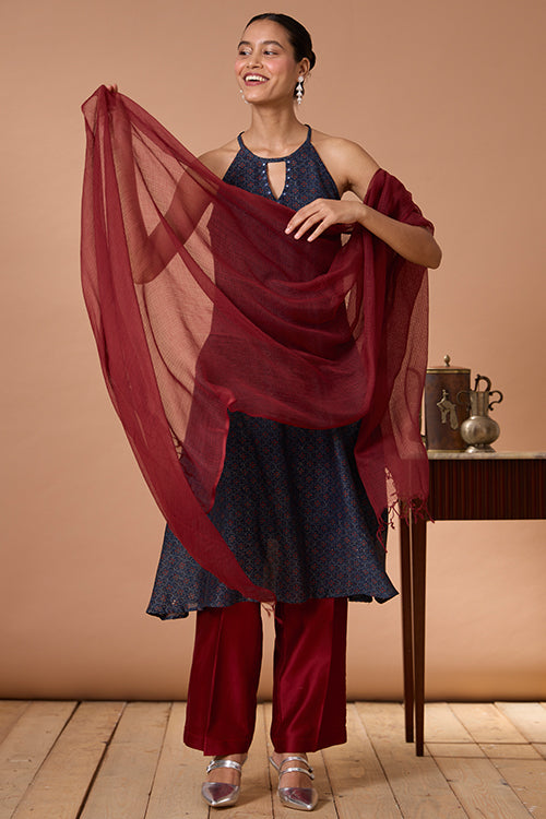 Okhai "Opal Ballad" Hand Embroidered MIrrorwork Handblock Printed Chanderi Silk Ajrakh Kurta Pant Set with Dupatta