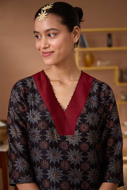 Carnelian Printed Chanderi Silk Ajrakh Kurta Pant Set For Women Online