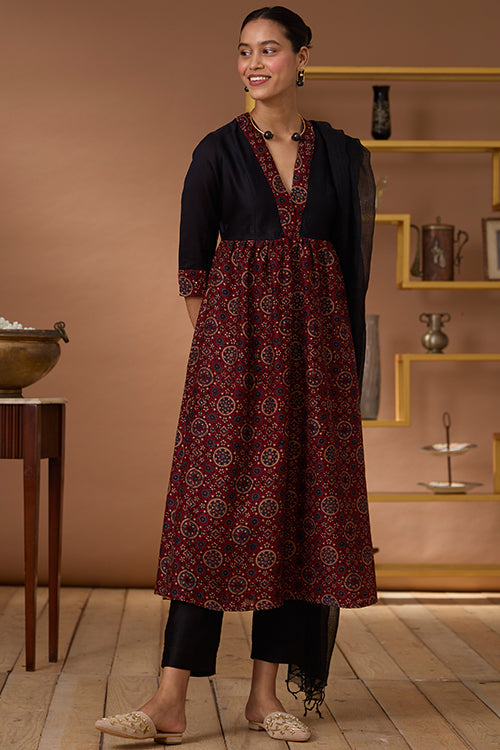 Amber Flames Handblock Printed Chanderi Silk Ajrakh Kurta Pant Set For Women