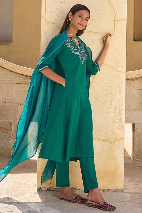 Okhai "Navratan" Hand Embroidered Mirror and Beadwork Pure Cotton Kurta-Pant Set with Dupatta