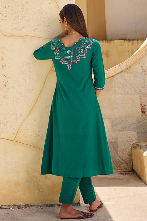 Okhai "Navratan" Hand Embroidered Mirror and Beadwork Pure Cotton Kurta-Pant Set with Dupatta