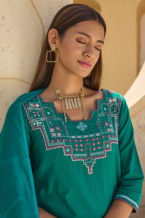 Okhai "Navratan" Hand Embroidered Mirror and Beadwork Pure Cotton Kurta-Pant Set with Dupatta