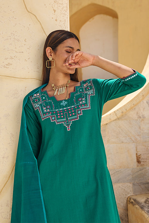 Okhai "Navratan" Hand Embroidered Mirror and Beadwork Pure Cotton Kurta-Pant Set with Dupatta