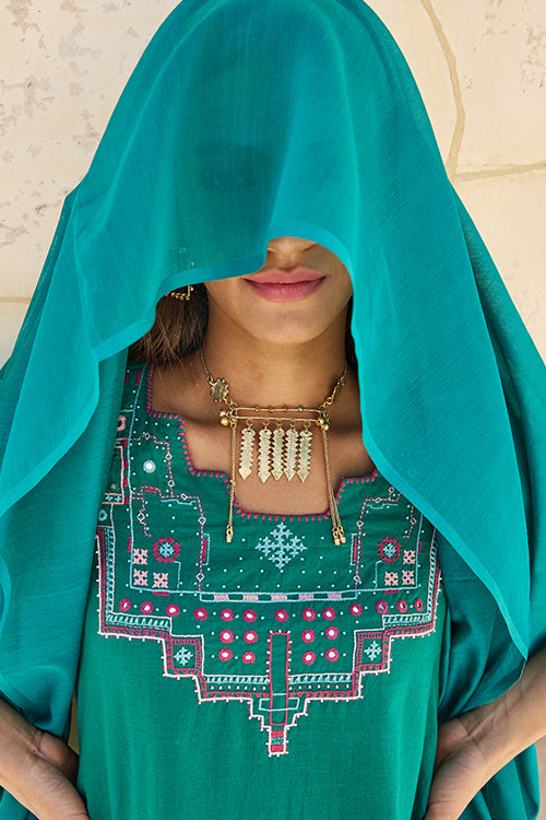 Okhai "Navratan" Hand Embroidered Mirror and Beadwork Pure Cotton Kurta-Pant Set with Dupatta