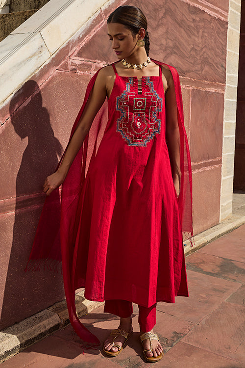 Khajuraho Embroidered Cotton Sling Kurta Pant Set With Dupatta Online