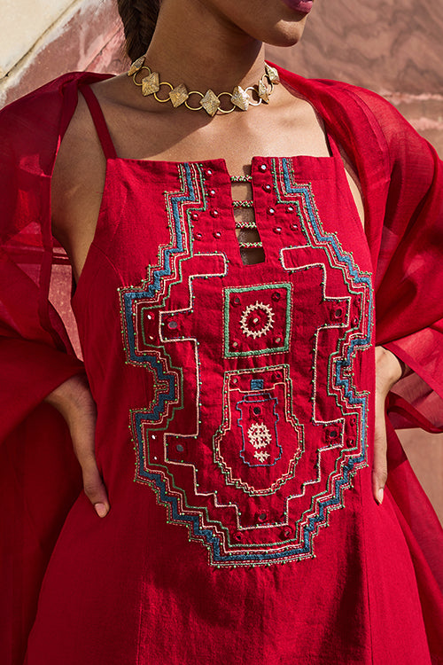 Okhai "Khajuraho" Hand Embroidered Mirror and Beadwork Pure Cotton Sling Kurta Pant Set with Dupatta