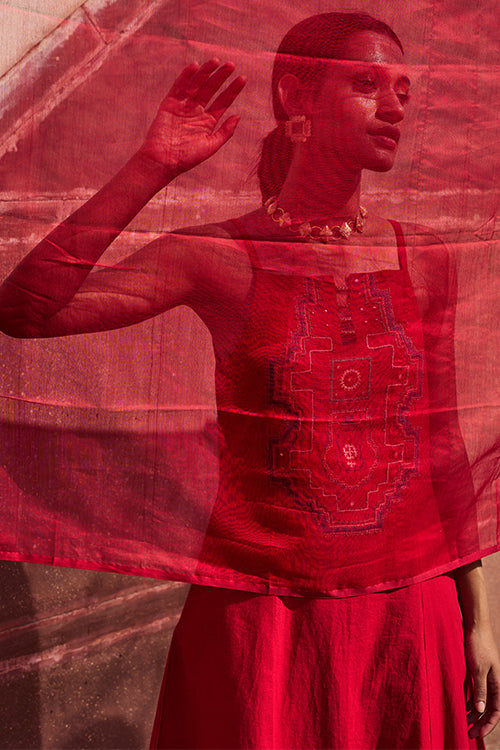 Okhai "Khajuraho" Hand Embroidered Mirror and Beadwork Pure Cotton Sling Kurta Pant Set with Dupatta