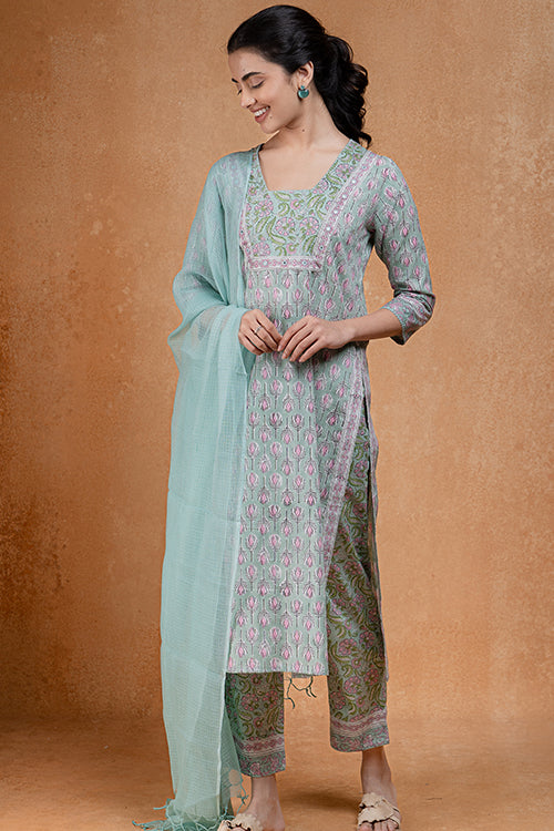 Okhai Pistachio Embroidered Cotton Kurta Pant Set For Women Online