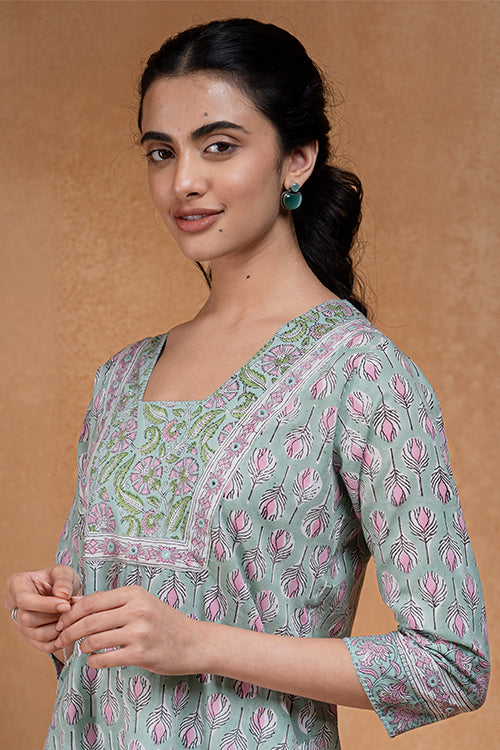 Okhai Pistachio Embroidered Cotton Kurta Pant Set For Women Online