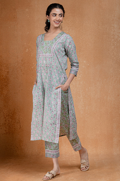 Okhai "Pistachio" Hand Embroidered and Mirrorwork Handblock Printed Pure Cotton Kurta Pant Set