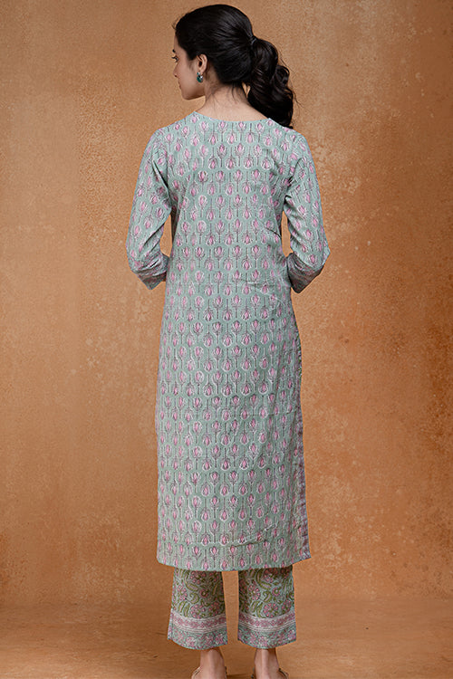 Okhai "Pistachio" Hand Embroidered and Mirrorwork Handblock Printed Pure Cotton Kurta Pant Set
