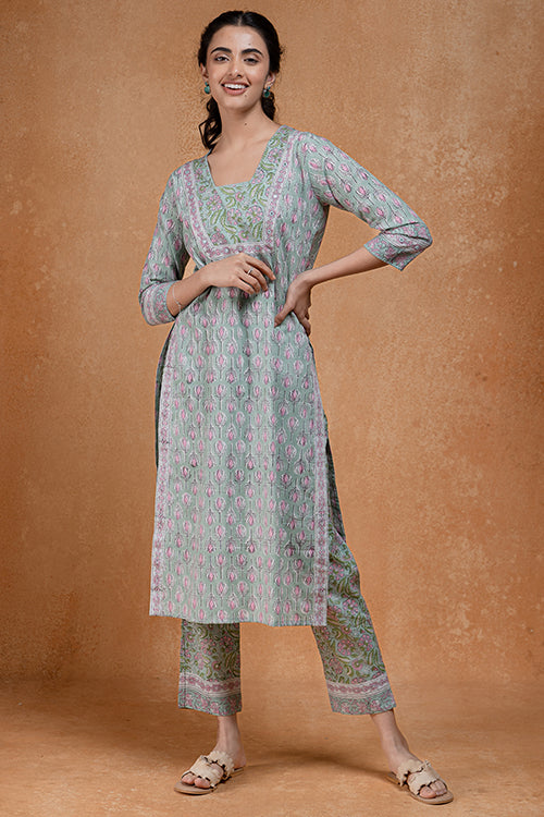 Okhai "Pistachio" Hand Embroidered and Mirrorwork Handblock Printed Pure Cotton Kurta Pant Set