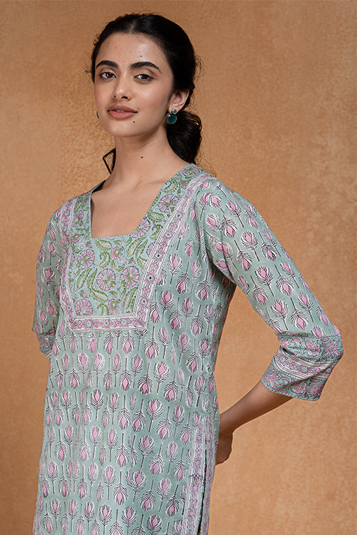 Okhai "Pistachio" Hand Embroidered and Mirrorwork Handblock Printed Pure Cotton Kurta Pant Set