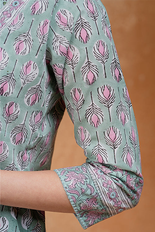 Okhai "Pistachio" Hand Embroidered and Mirrorwork Handblock Printed Pure Cotton Kurta Pant Set