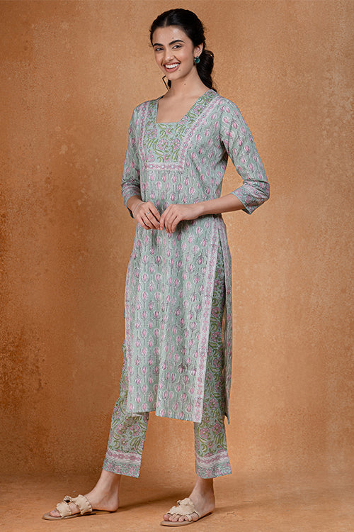 Okhai "Pistachio" Hand Embroidered and Mirrorwork Handblock Printed Pure Cotton Kurta Pant Set