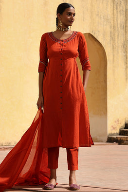 Surkh Embroidered Mirrorwork Cotton Kurta Pant Set For Women Online