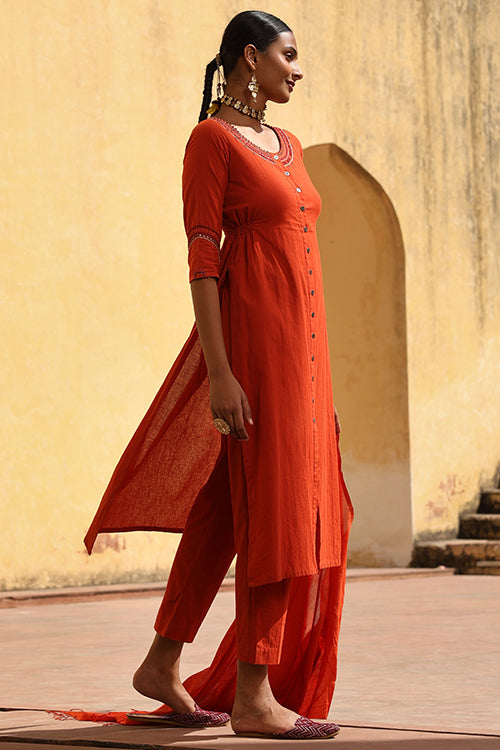 Okhai "Surkh" Hand-Embroidered Mirrorwork and Beadwork Pure Cotton Kurta Pant Set