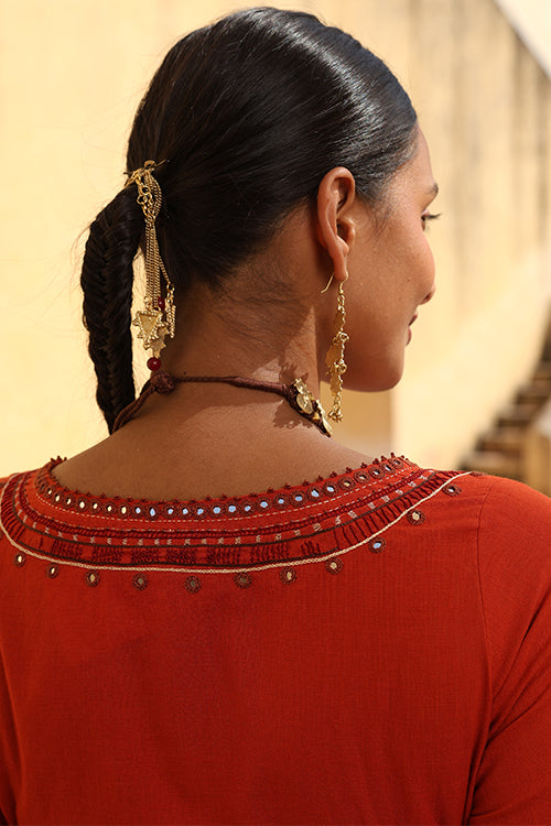 Okhai "Surkh" Hand-Embroidered Mirrorwork and Beadwork Pure Cotton Kurta Pant Set